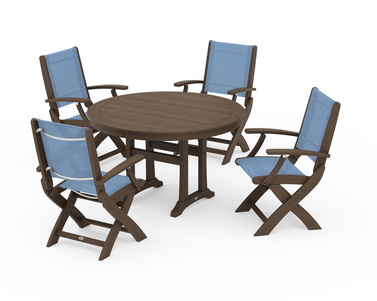 POLYWOOD Coastal Folding Chair 5-Piece Round Dining Set with Trestle Legs in Kona / Poolside
