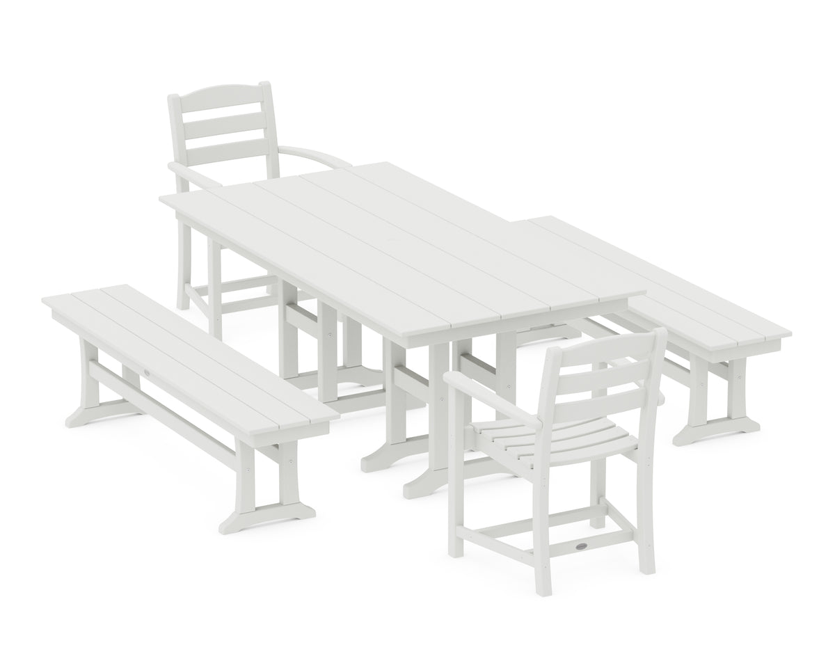 POLYWOOD La Casa Café 5-Piece Farmhouse Dining Set with Benches in Vintage White
