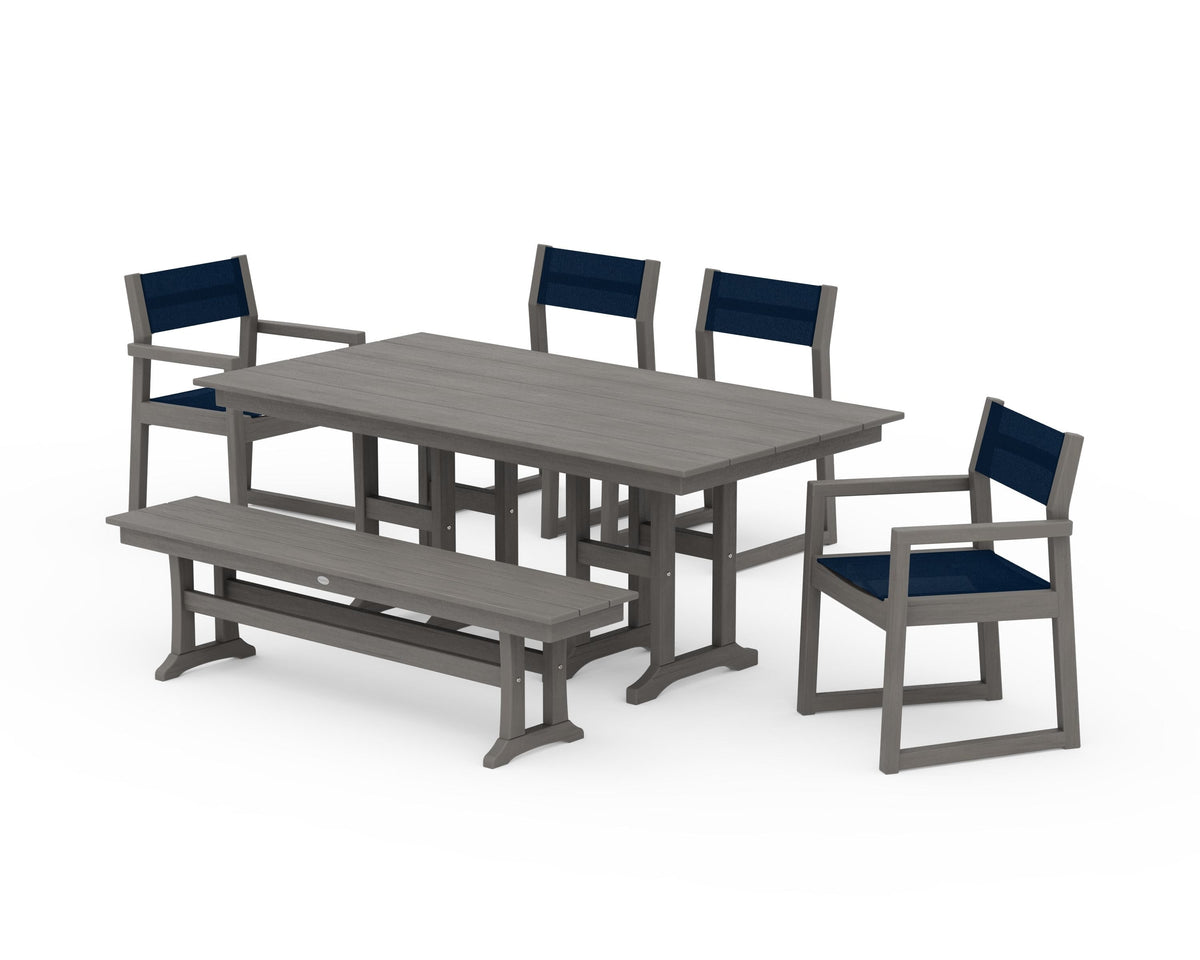POLYWOOD EDGE Sling 6-Piece Farmhouse Dining Set in Driftwood / Navy Blue