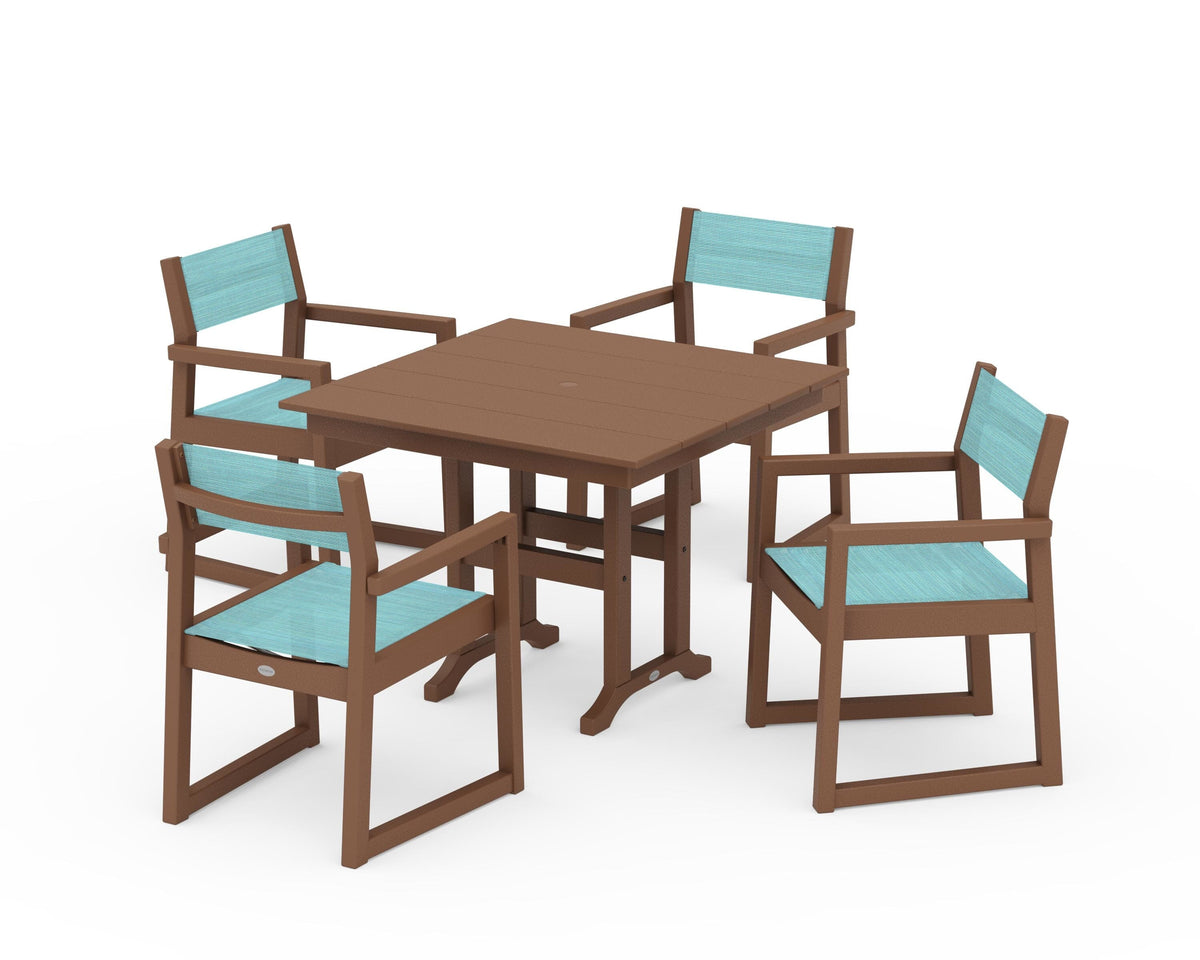 POLYWOOD EDGE Sling Arm Chair 5-Piece Farmhouse Dining Set in Teak / Dupioni Aquamarine