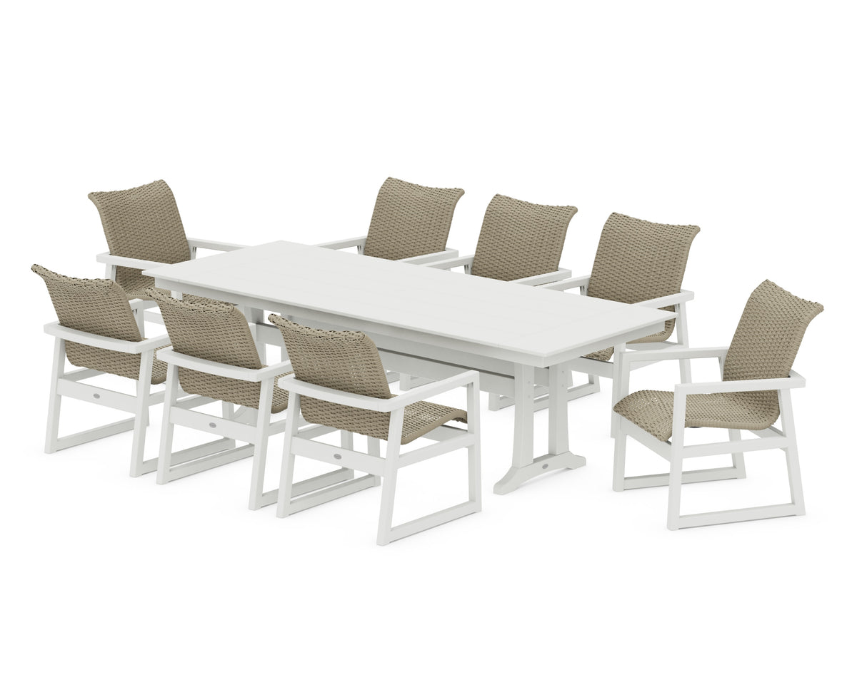 POLYWOOD EDGE Woven 9-Piece Farmhouse Dining Set with Trestle Legs in Vintage White / Dune Grass