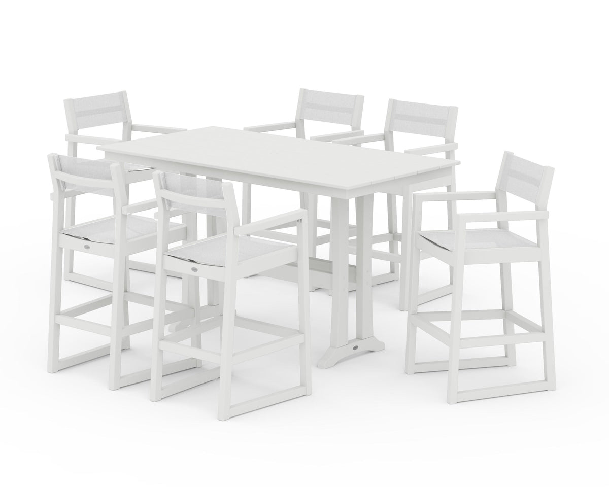 POLYWOOD EDGE Sling Arm Chair 7-Piece Farmhouse Bar Set with Trestle Legs in Vintage White / White