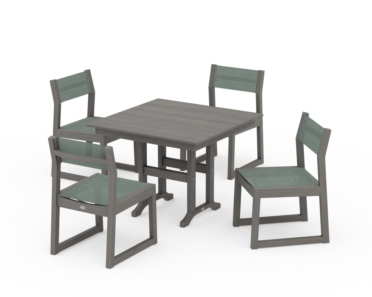 POLYWOOD EDGE Sling Side Chair 5-Piece Farmhouse Dining Set in Driftwood / Dupioni Sea Mist