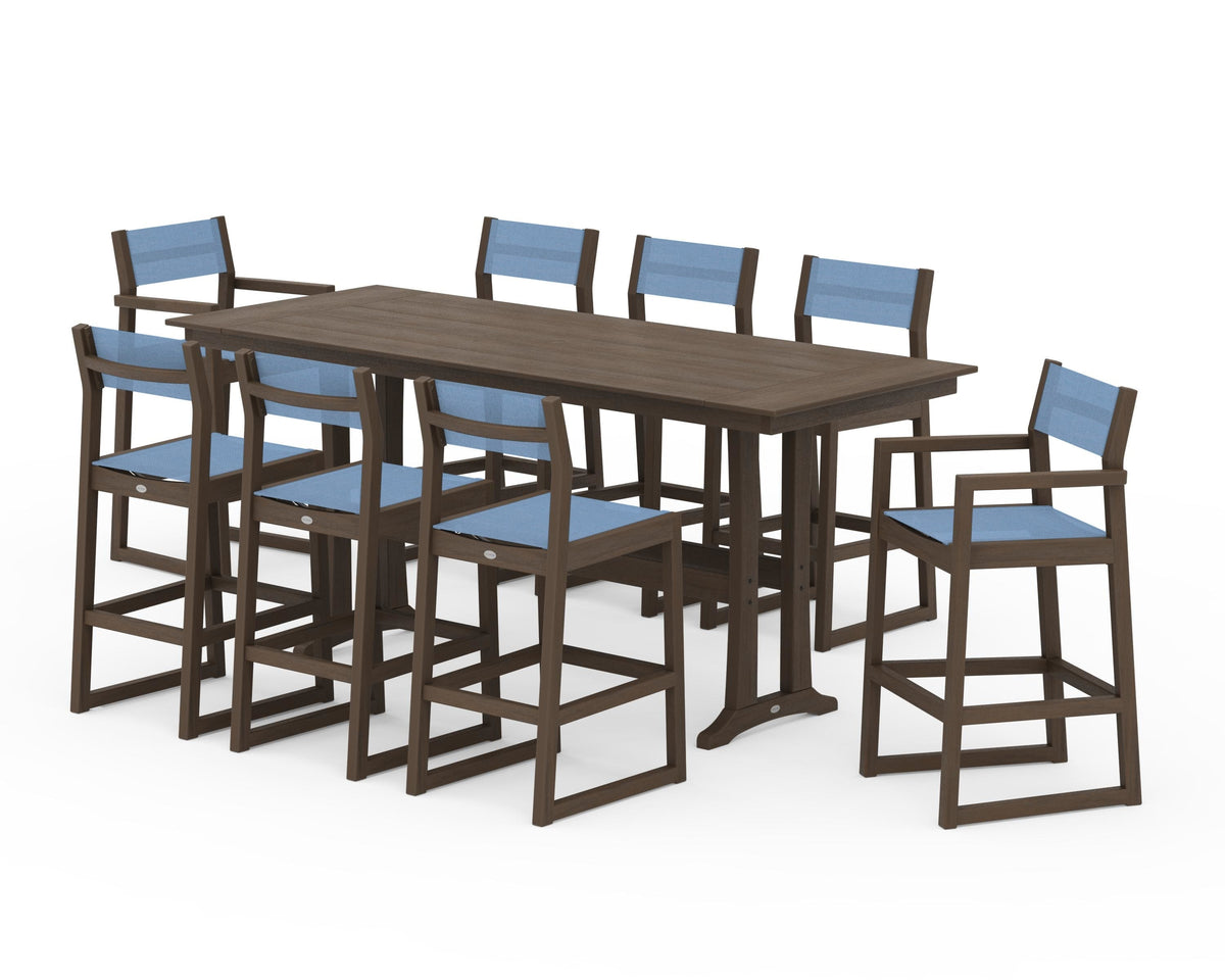 POLYWOOD EDGE Sling 9-Piece Farmhouse Bar Set with Trestle Legs in Kona / Poolside