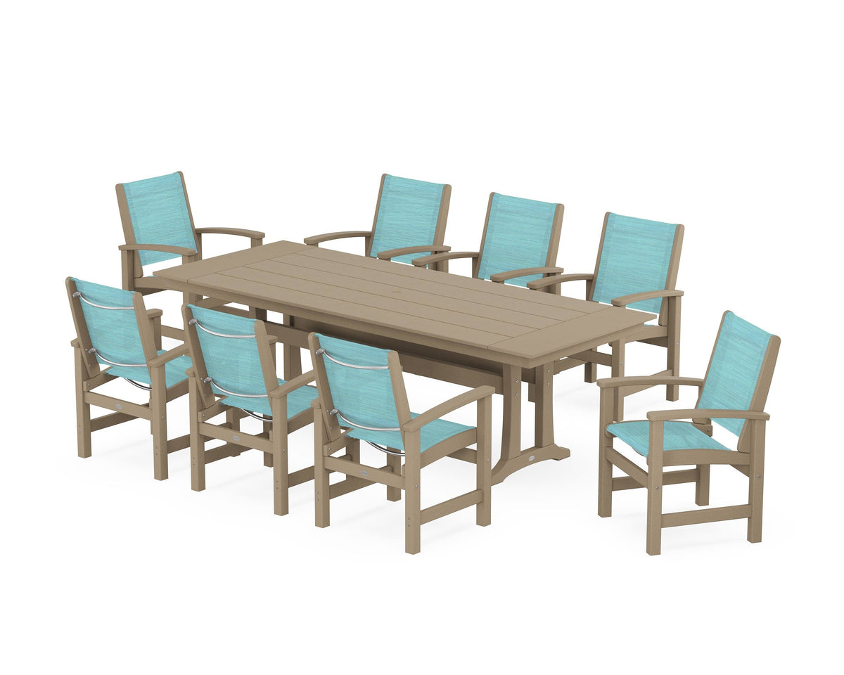 POLYWOOD Coastal 9-Piece Farmhouse Dining Set with Trestle Legs in Vintage Sahara / Dupioni Aquamarine