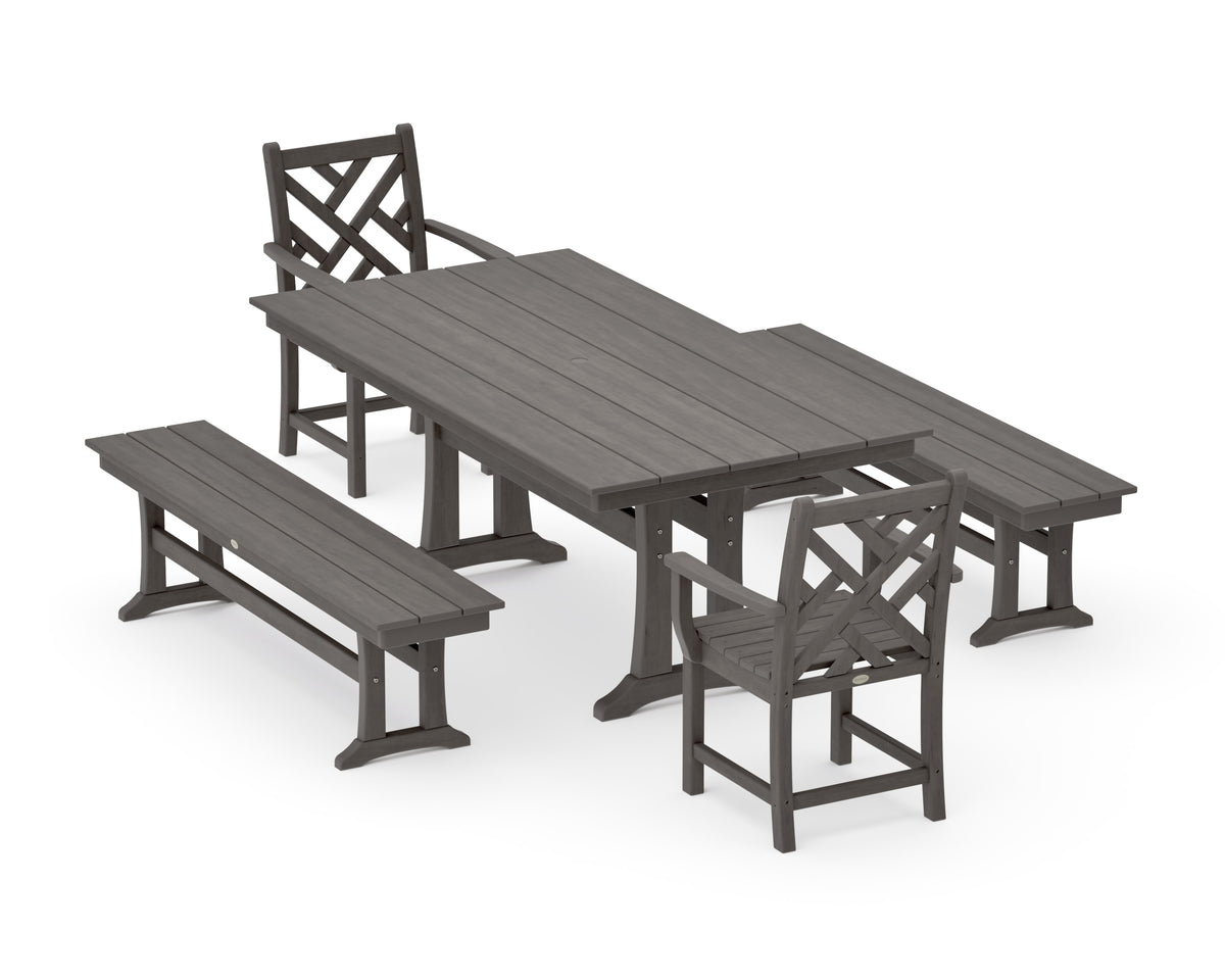 POLYWOOD Chippendale 5-Piece Farmhouse Dining Set with Trestle Legs in Driftwood