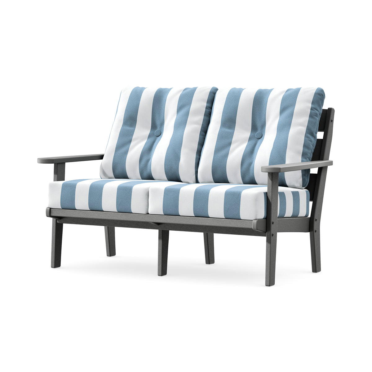 POLYWOOD Lakeside Deep Seating Loveseat in Slate Grey / Cabana Stripe Sky Blue