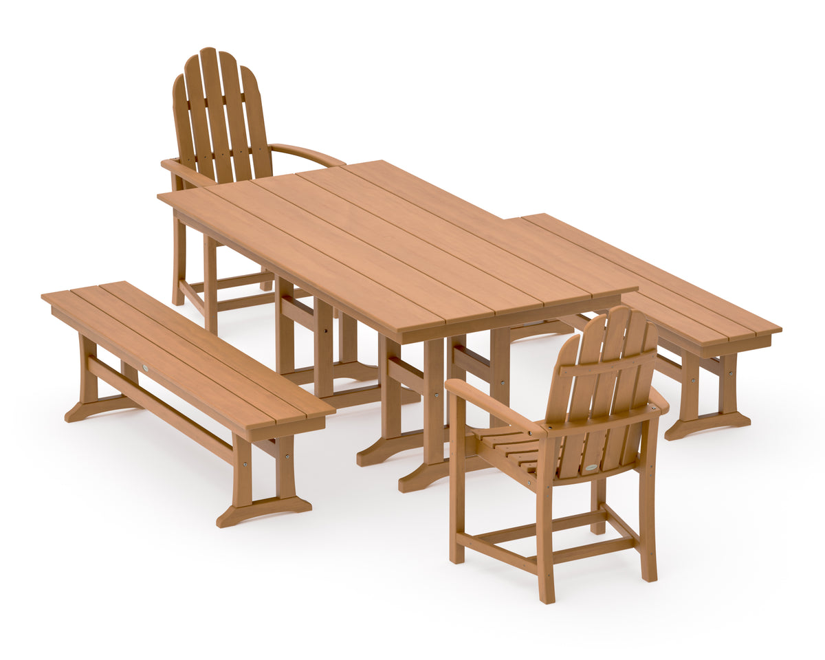 POLYWOOD Classic Adirondack 5-Piece Farmhouse Dining Set with Benches in Natural