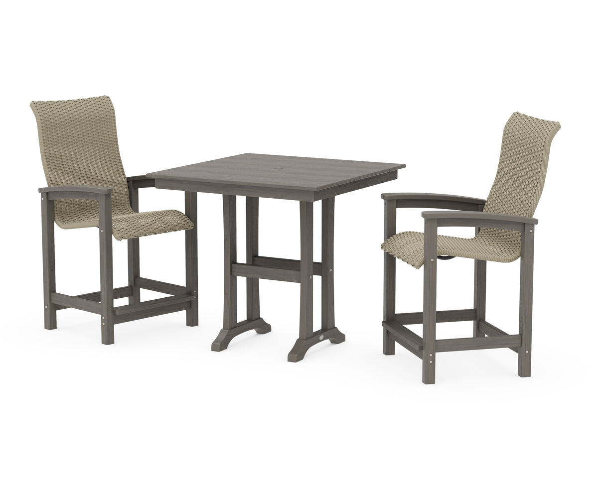 POLYWOOD Coastal Woven High-Back 3-Piece Farmhouse Counter Set with Trestle Legs in Driftwood / Dune Grass