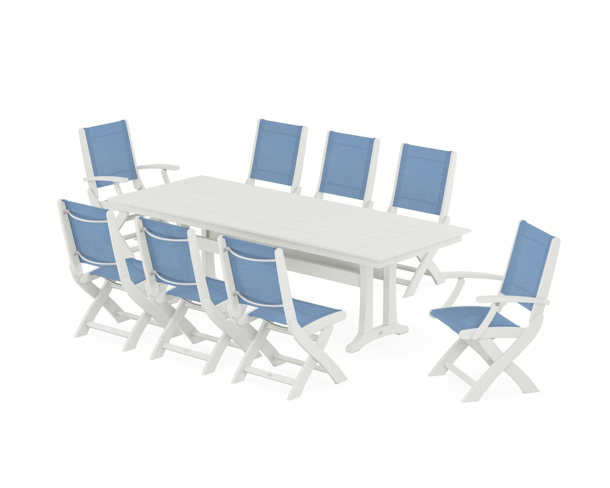 POLYWOOD Coastal 9-Piece Folding Dining Chair Farmhouse Dining Set with Trestle Legs in Vintage White / Poolside