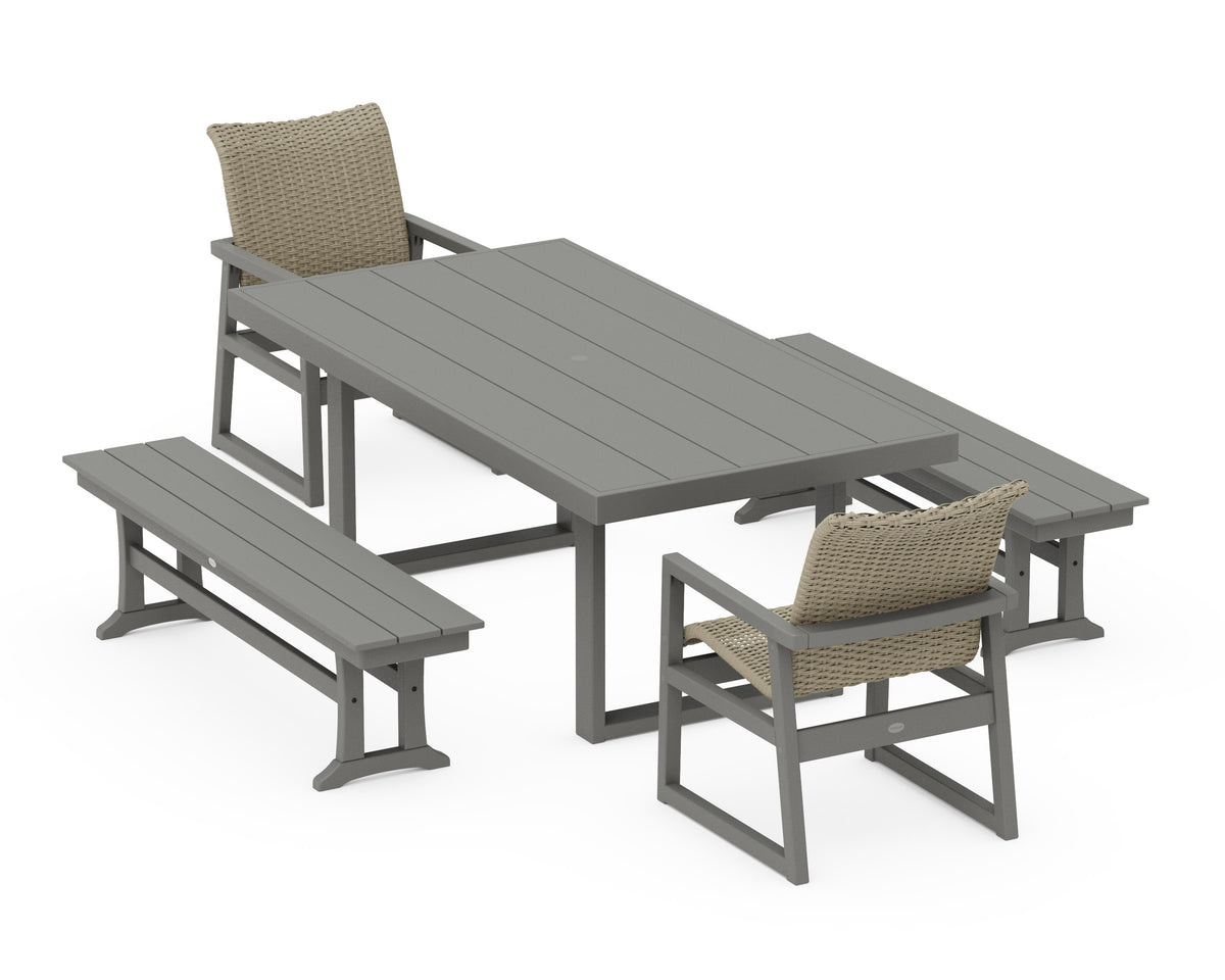 POLYWOOD EDGE Woven 5-Piece Dining Set with Benches in Slate Grey / Dune Grass