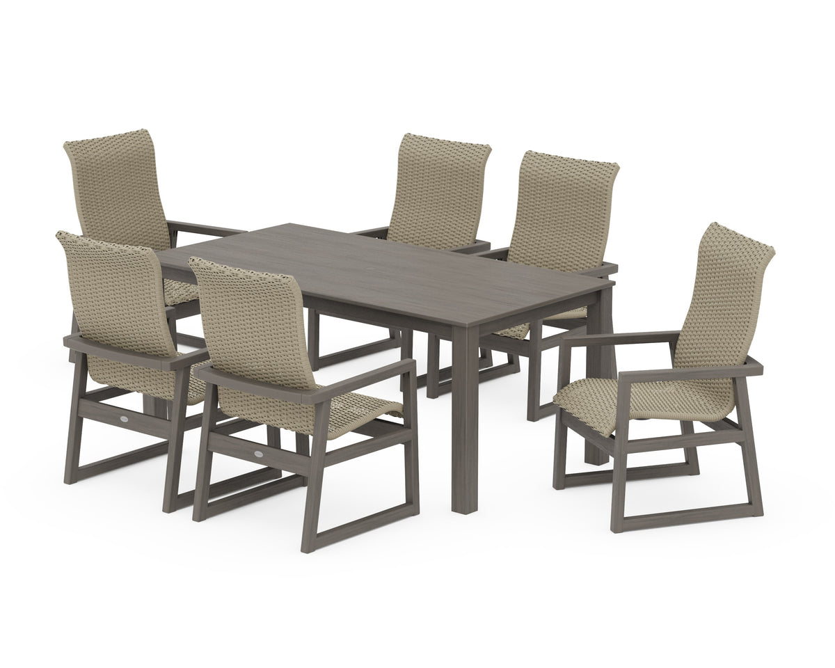 POLYWOOD EDGE Woven High-Back Arm Chair 7-Piece Parsons Dining Set in Driftwood / Dune Grass