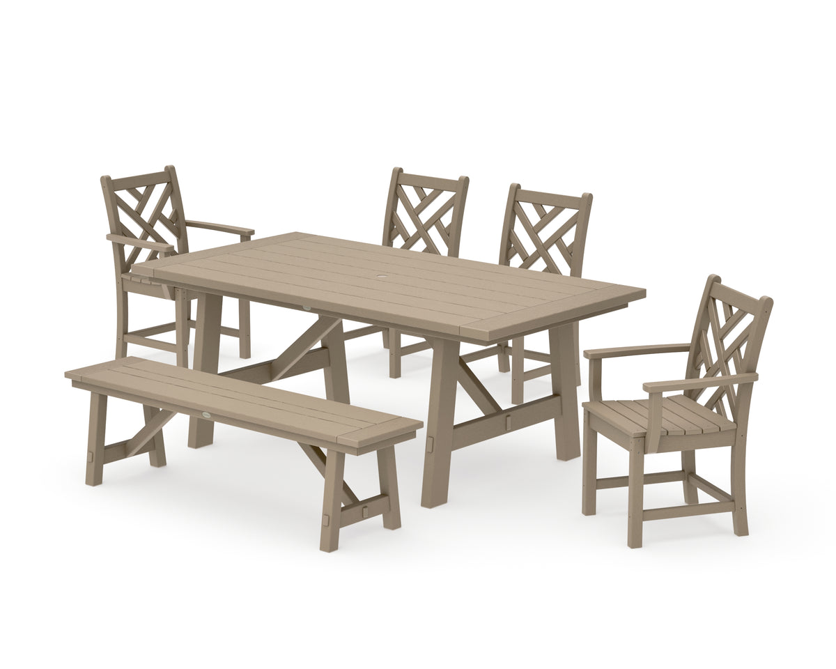 POLYWOOD Chippendale 6-Piece Rustic Farmhouse Dining Set with Bench in Vintage Sahara