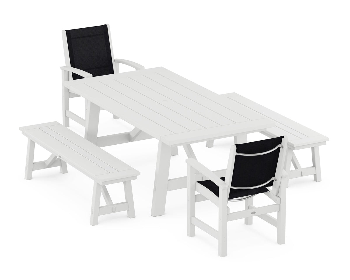POLYWOOD Coastal 5-Piece Rustic Farmhouse Dining Set With Benches in White / Black