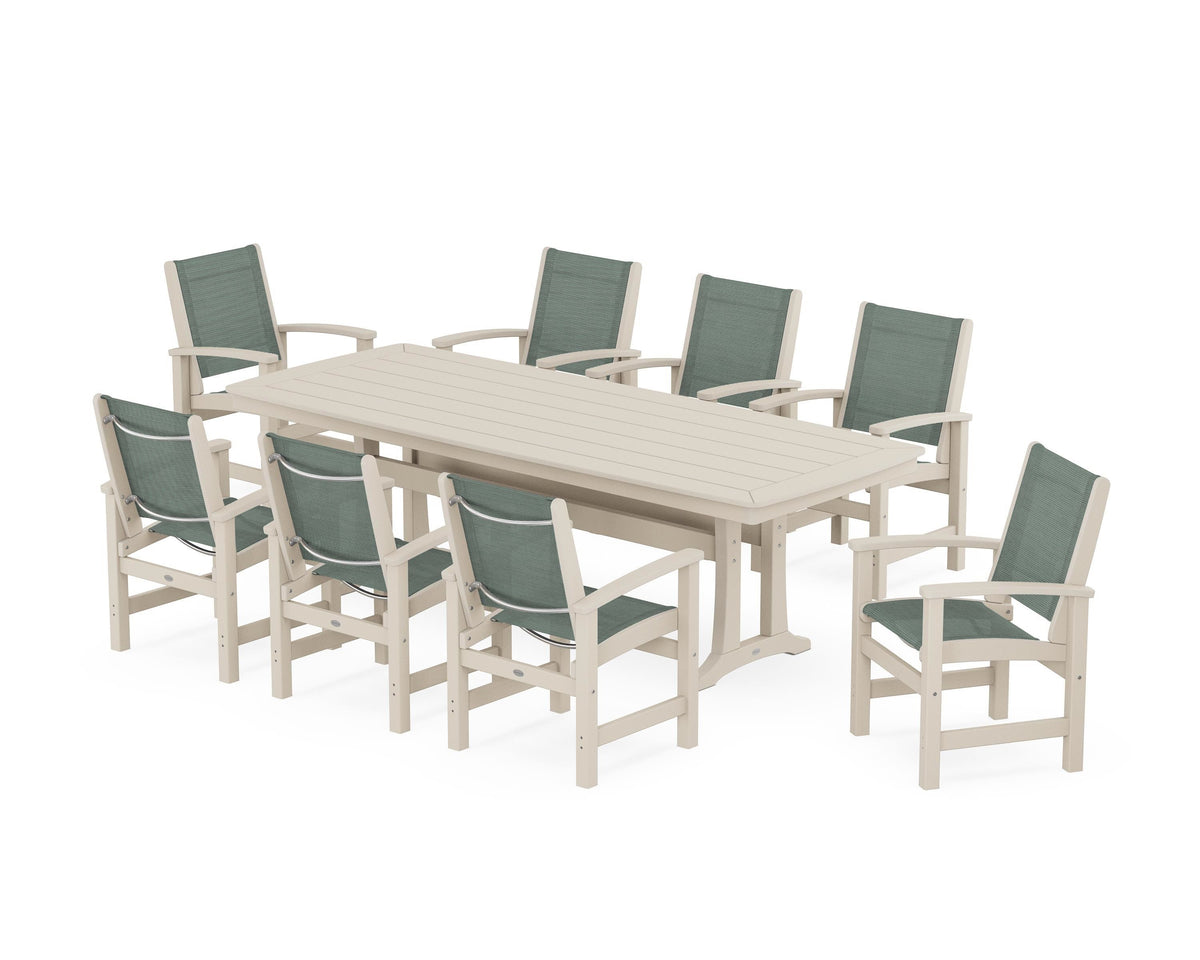 POLYWOOD Coastal 9-Piece Dining Set with Trestle Legs in Sand / Dupioni Sea Mist