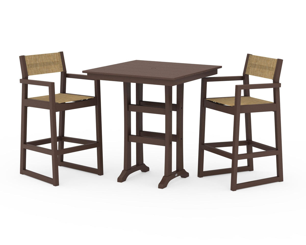 POLYWOOD EDGE Sling Arm Chair 3-Piece Farmhouse Bar Set with Trestle Legs in Mahogany / Burlap