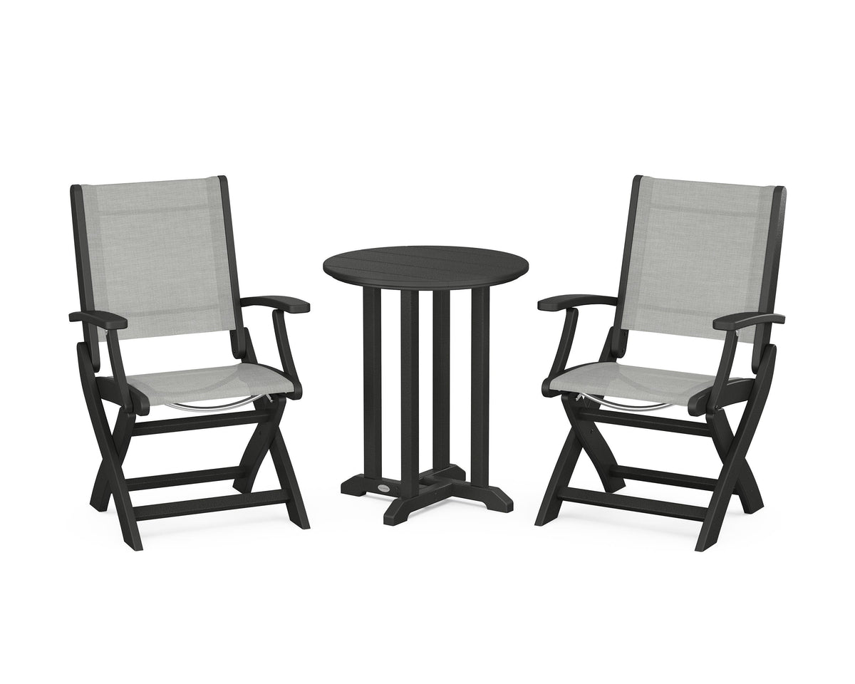 POLYWOOD Coastal Folding 3-Piece Round Bistro Dining Set in Black / Metallic