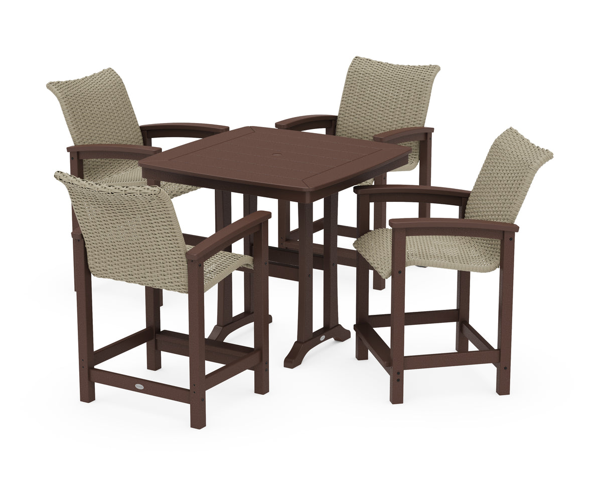 POLYWOOD Coastal Woven 5-Piece Counter Set with Trestle Legs in Mahogany / Dune Grass