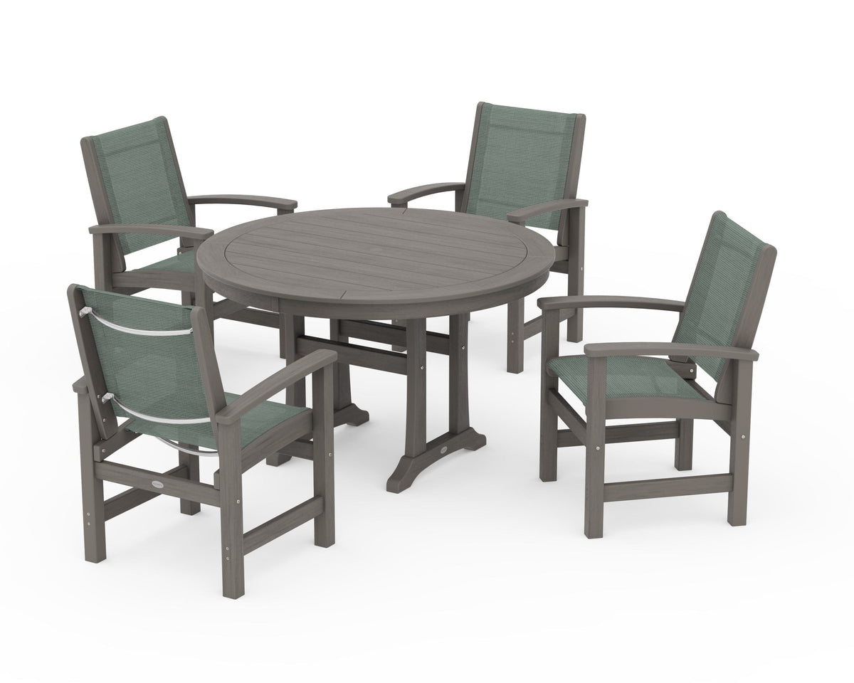 POLYWOOD Coastal 5-Piece Round Dining Set with Trestle Legs in Driftwood / Dupioni Sea Mist