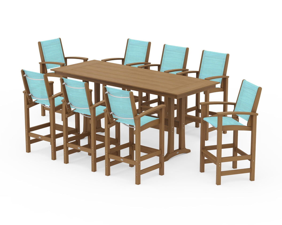 POLYWOOD Coastal 9-Piece Farmhouse Bar Set with Trestle Legs in Natural / Dupioni Aquamarine