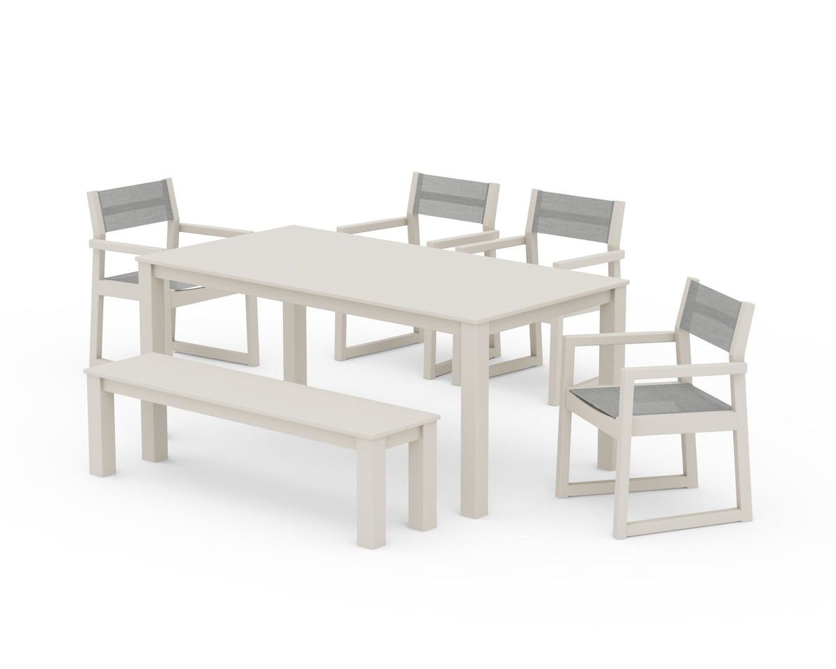 POLYWOOD EDGE Sling Arm Chair 6-Piece Parsons Dining Set with Bench in Sand / Metallic