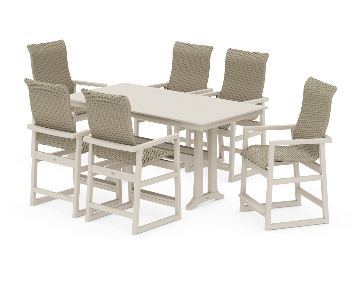 POLYWOOD EDGE Woven Highback Arm Chair 7-Piece Farmhouse Counter Set with Trestle Legs in Sand / Dune Grass