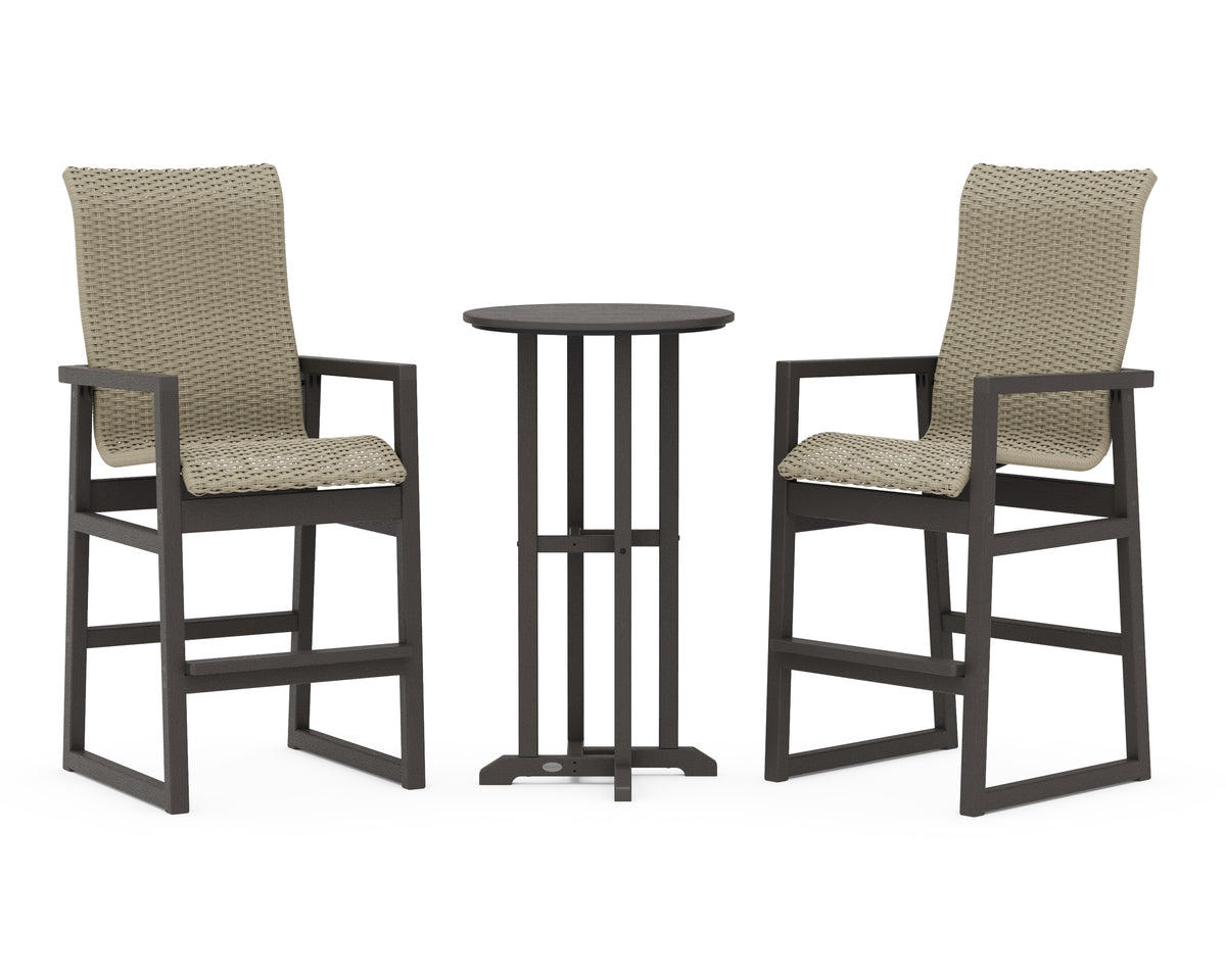 POLYWOOD EDGE Woven Highback 3-Piece Farmhouse Bar Set in Vintage Coffee / Dune Grass