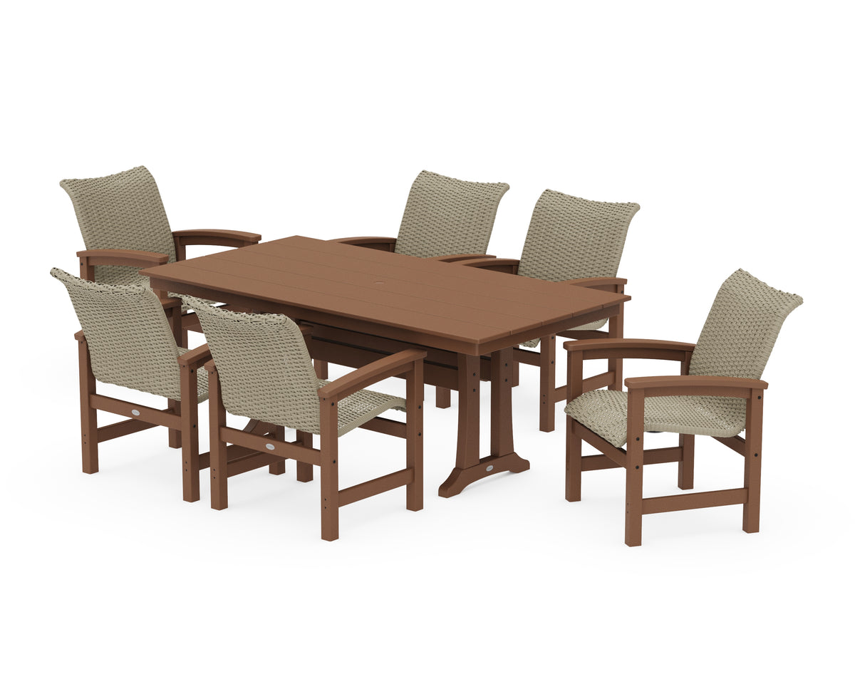 POLYWOOD Coastal Woven Arm Chair 7-Piece Farmhouse Dining Set with Trestle Legs in Teak / Dune Grass