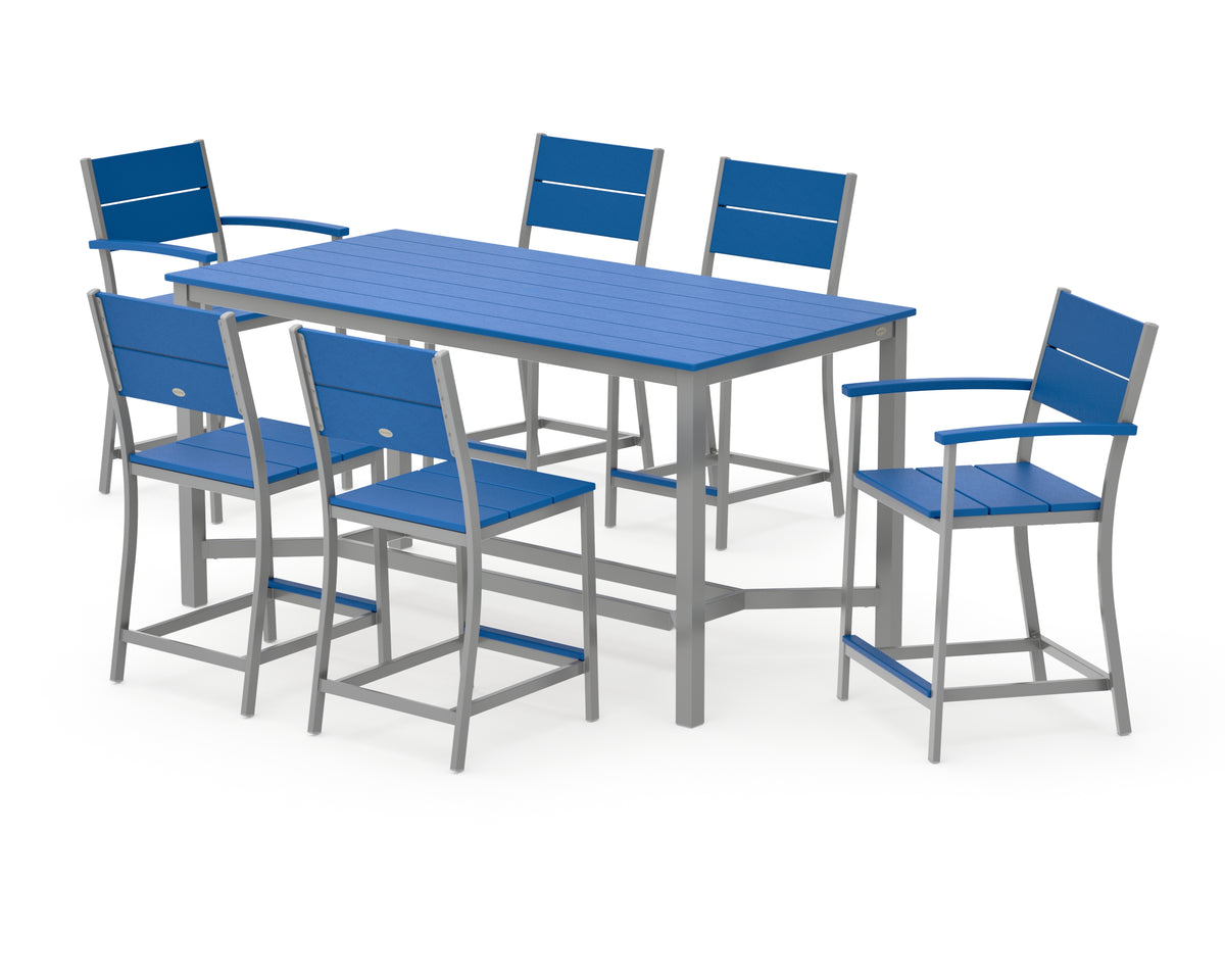 POLYWOOD Main Street 7-Piece Counter Set in Silver / Pacific Blue
