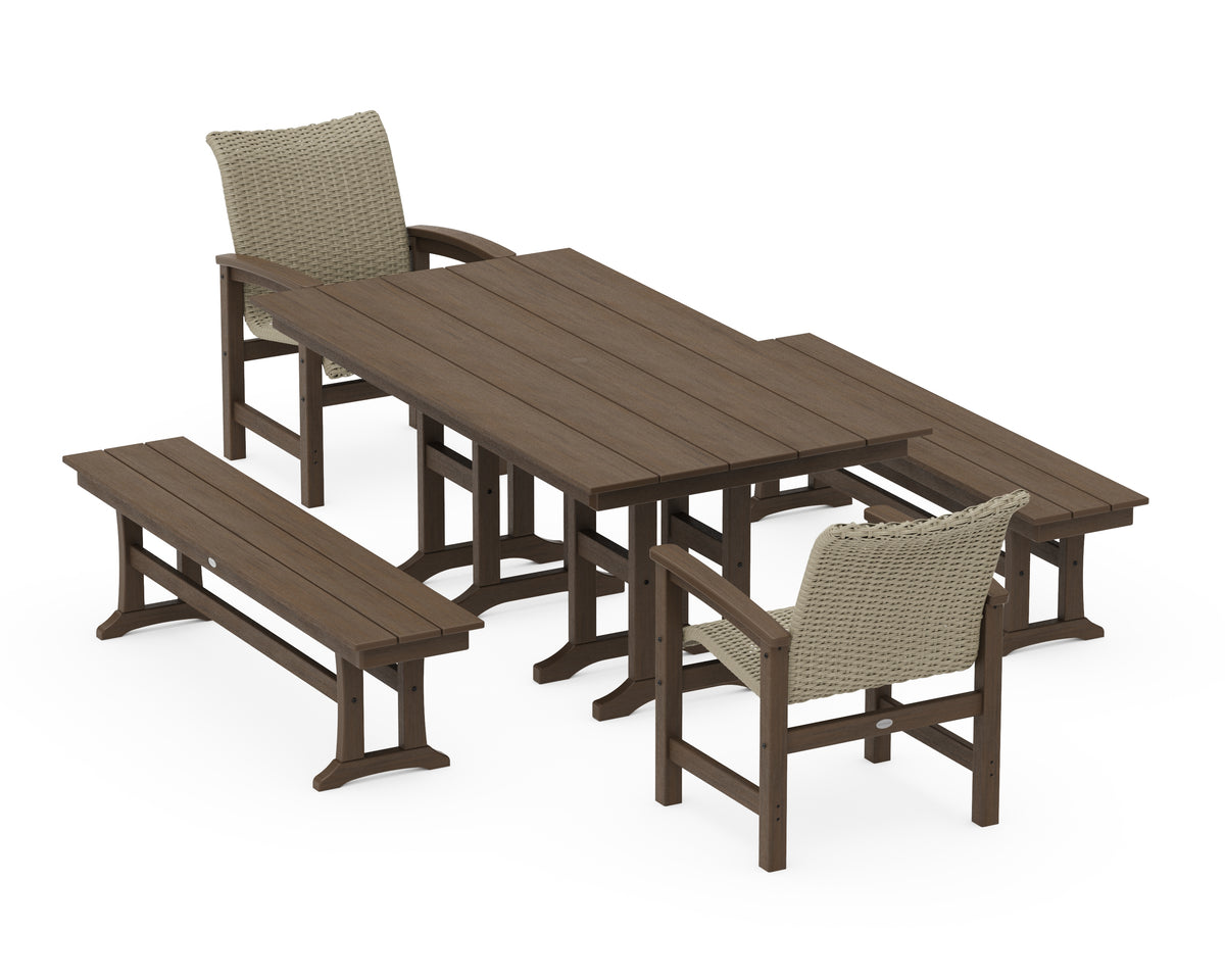 POLYWOOD Coastal Woven 5-Piece Farmhouse Dining Set with Benches in Kona / Dune Grass