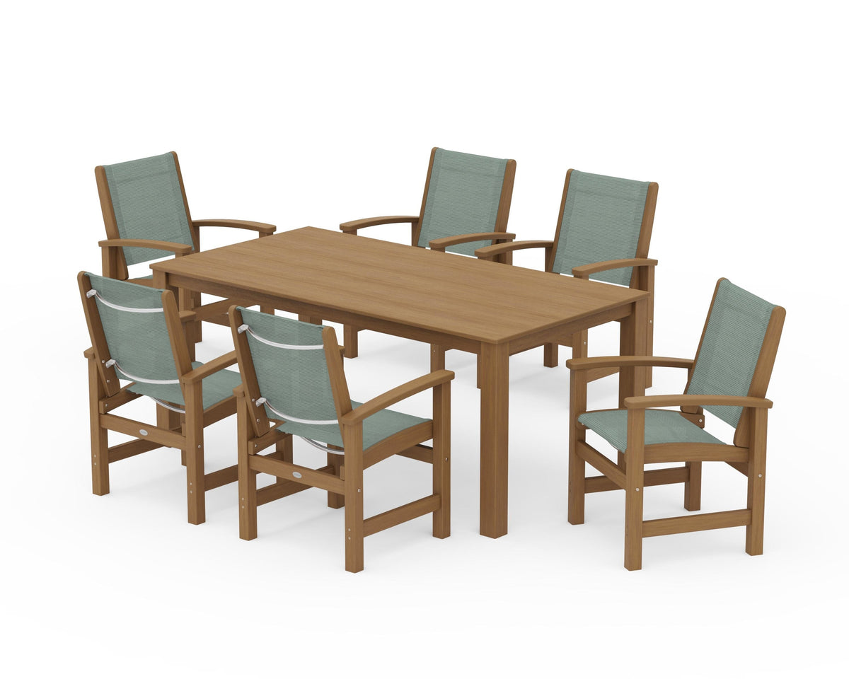 POLYWOOD Coastal 7-Piece Parsons Dining Set in Natural / Dupioni Sea Mist