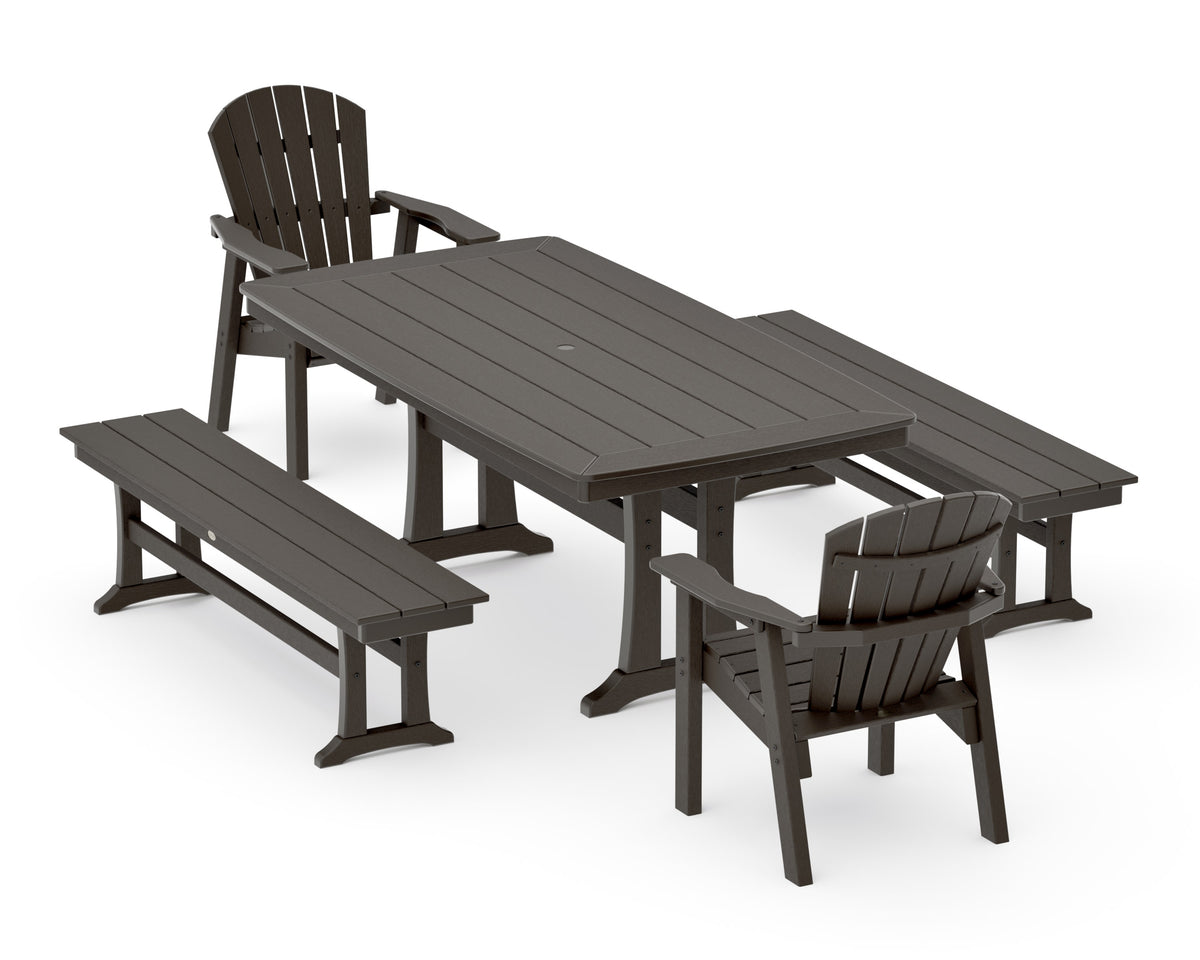 POLYWOOD Seashell 5-Piece Dining Set with Trestle Legs - 38" x 73" Table in Vintage Coffee