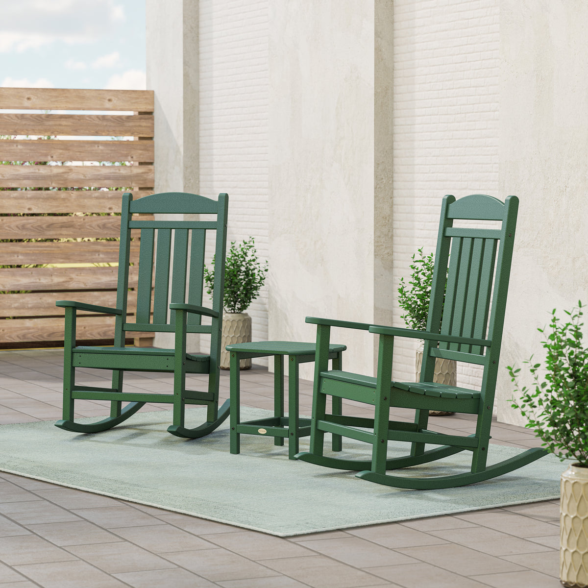POLYWOOD Presidential 3-Piece Rocking Chair Set with 18" South Beach Side Table in Green in an outdoor setting