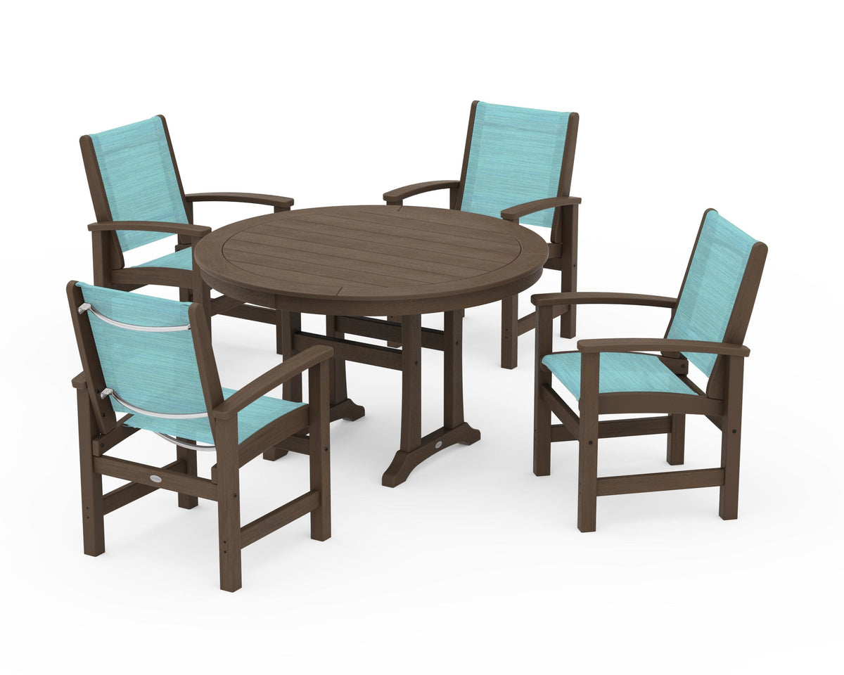 POLYWOOD Coastal 5-Piece Round Dining Set with Trestle Legs in Kona / Dupioni Aquamarine