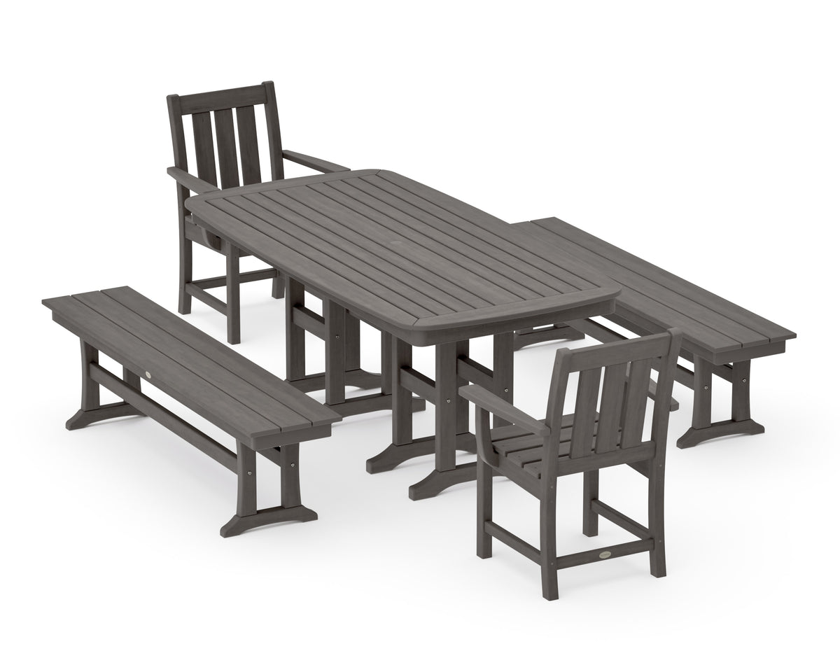 POLYWOOD Oxford 5-Piece Dining Set with Benches in Driftwood