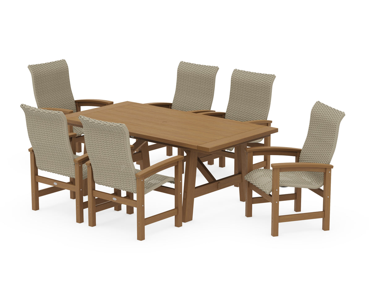 POLYWOOD Coastal Woven High-Back Arm Chair 7-Piece Rustic Farmhouse Dining Set in Natural / Dune Grass