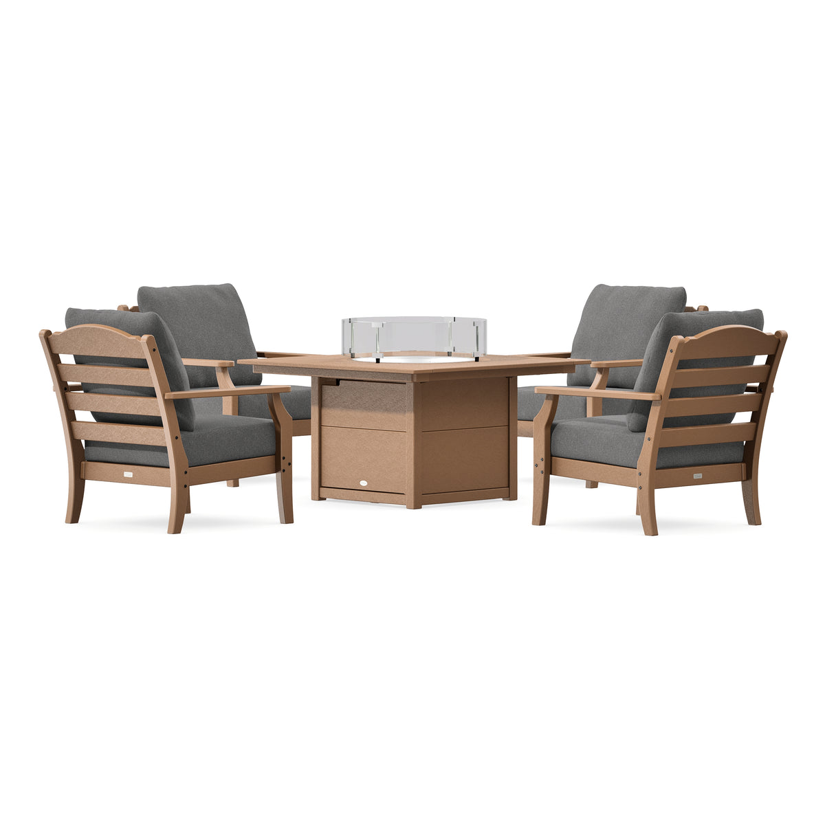 POLYWOOD Savannah 5-Piece Deep Seating Set with Fire Pit Table in Teak