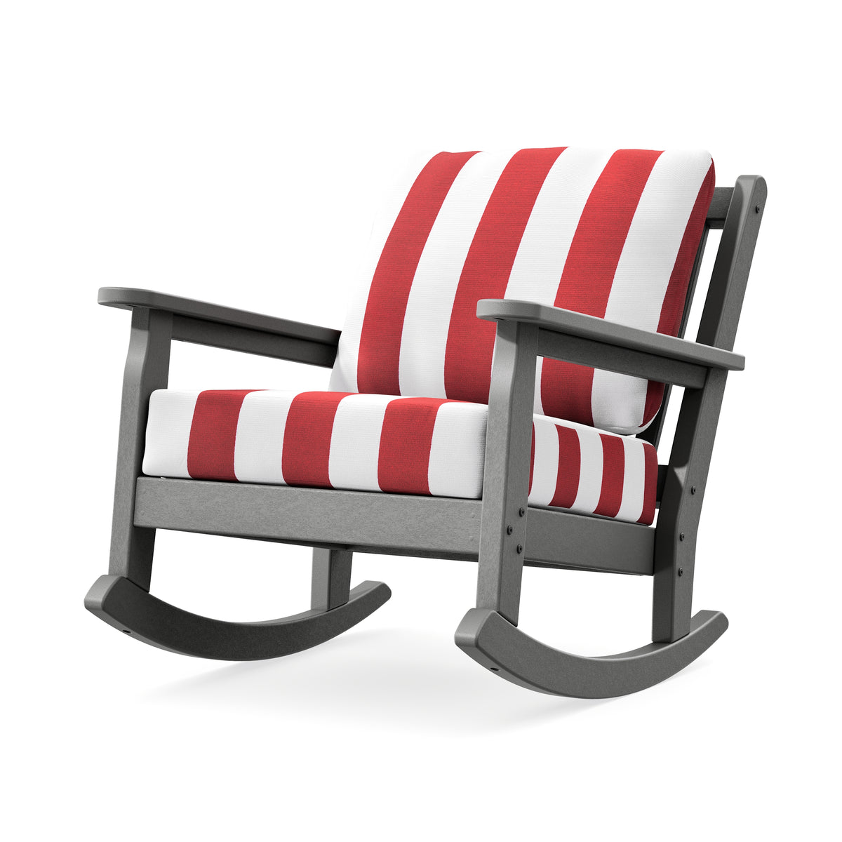 POLYWOOD Chippendale Deep Seating Rocking Chair in Slate Grey / Cabana Stripe Crimson