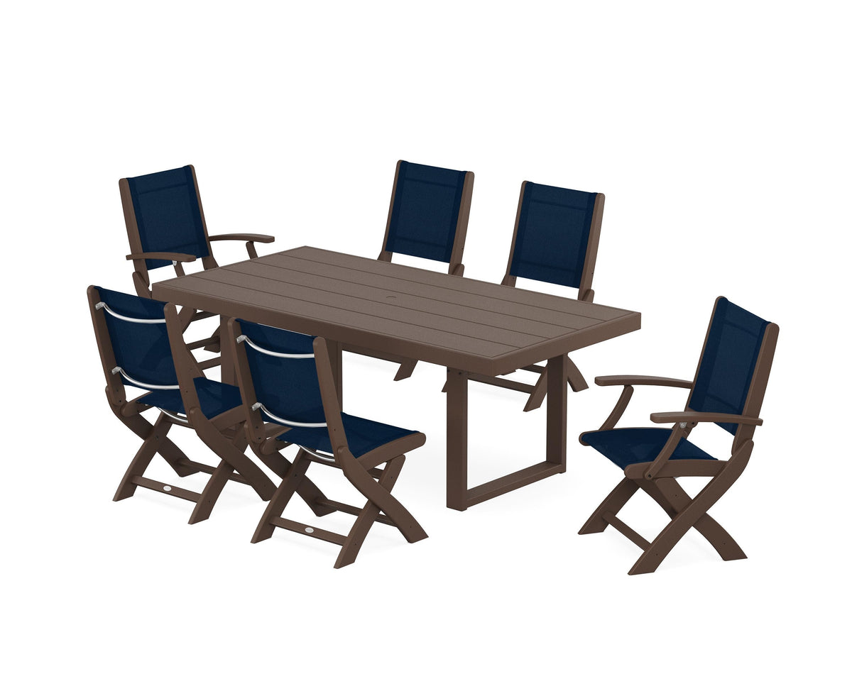 POLYWOOD Coastal Folding Chair 7-Piece Dining Set with Trestle Legs with EDGE 40" x 78" Dining Table in Mahogany / Navy Blue
