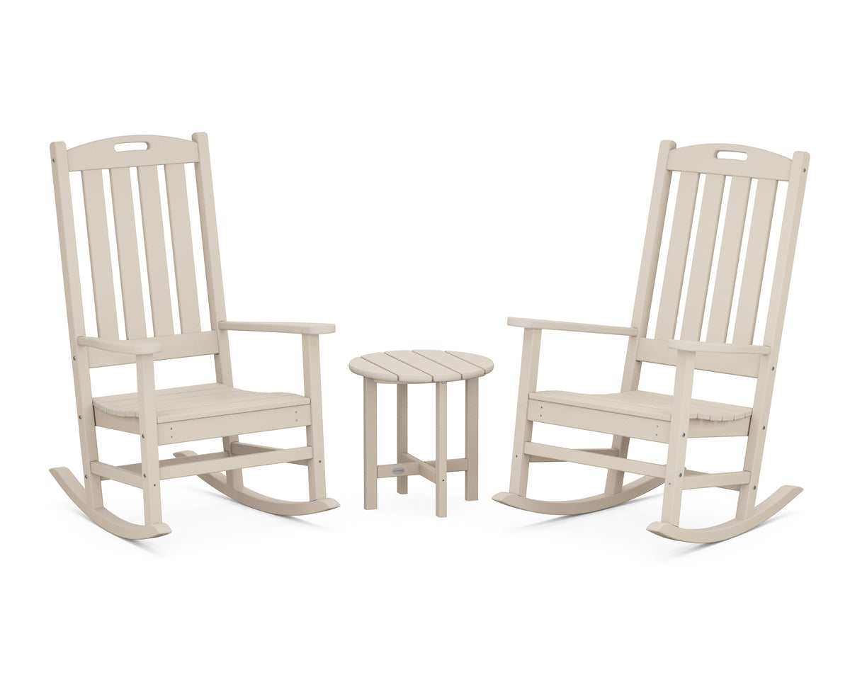 POLYWOOD Nautical 3-Piece Porch Rocking Chair Set with Round 18" Side Table in Sand