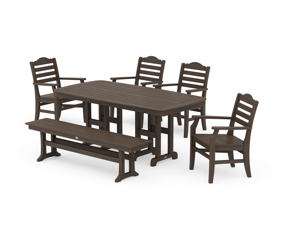 POLYWOOD Savannah 6-Piece Farmhouse Dining Set with Bench with Nautical 37" x 72" Dining Table in Kona