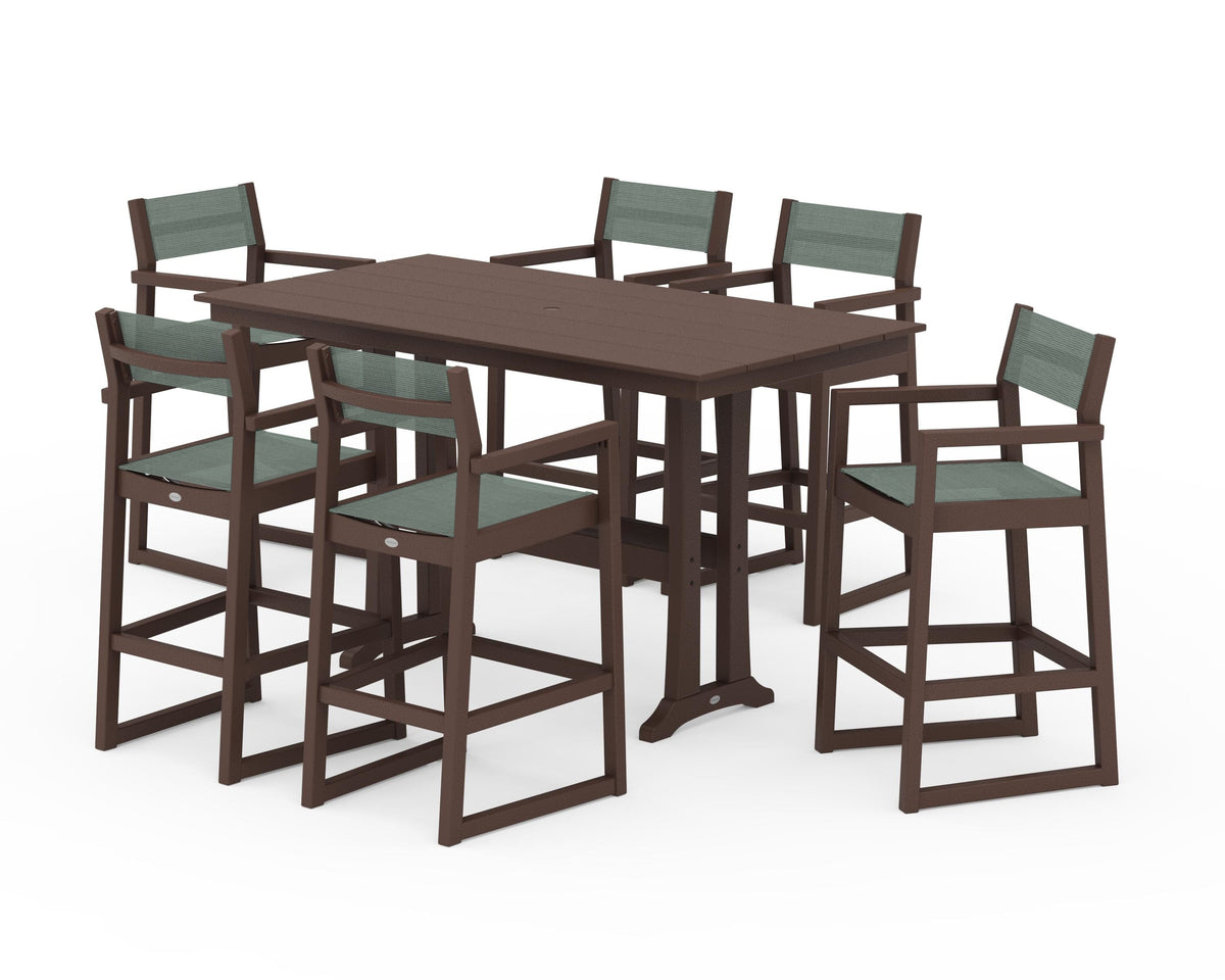POLYWOOD EDGE Sling Arm Chair 7-Piece Farmhouse Bar Set with Trestle Legs in Mahogany / Dupioni Sea Mist