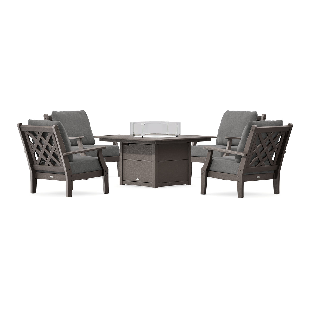 POLYWOOD Country Living Wovendale 5-Piece Deep Seating Set with Fire Pit Table in Vintage Coffee