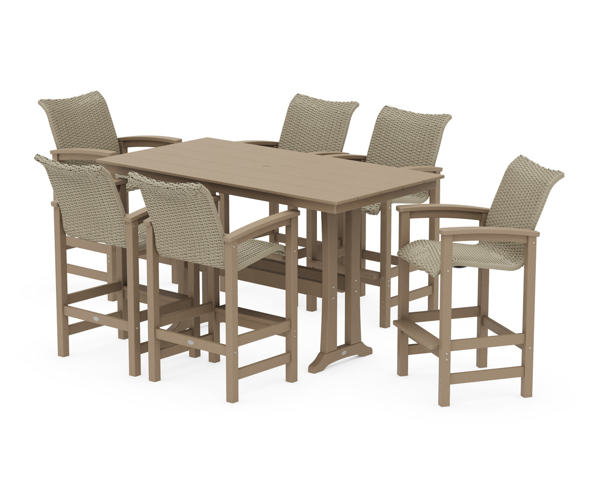 POLYWOOD Coastal Woven Arm Chair 7-Piece Farmhouse Bar Set with Trestle Legs in Vintage Sahara / Dune Grass