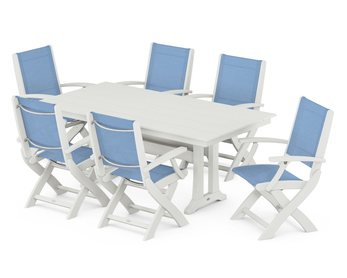 POLYWOOD Coastal Folding Arm Chair 7-Piece Farmhouse Dining Set with Trestle Legs in Vintage White / Poolside