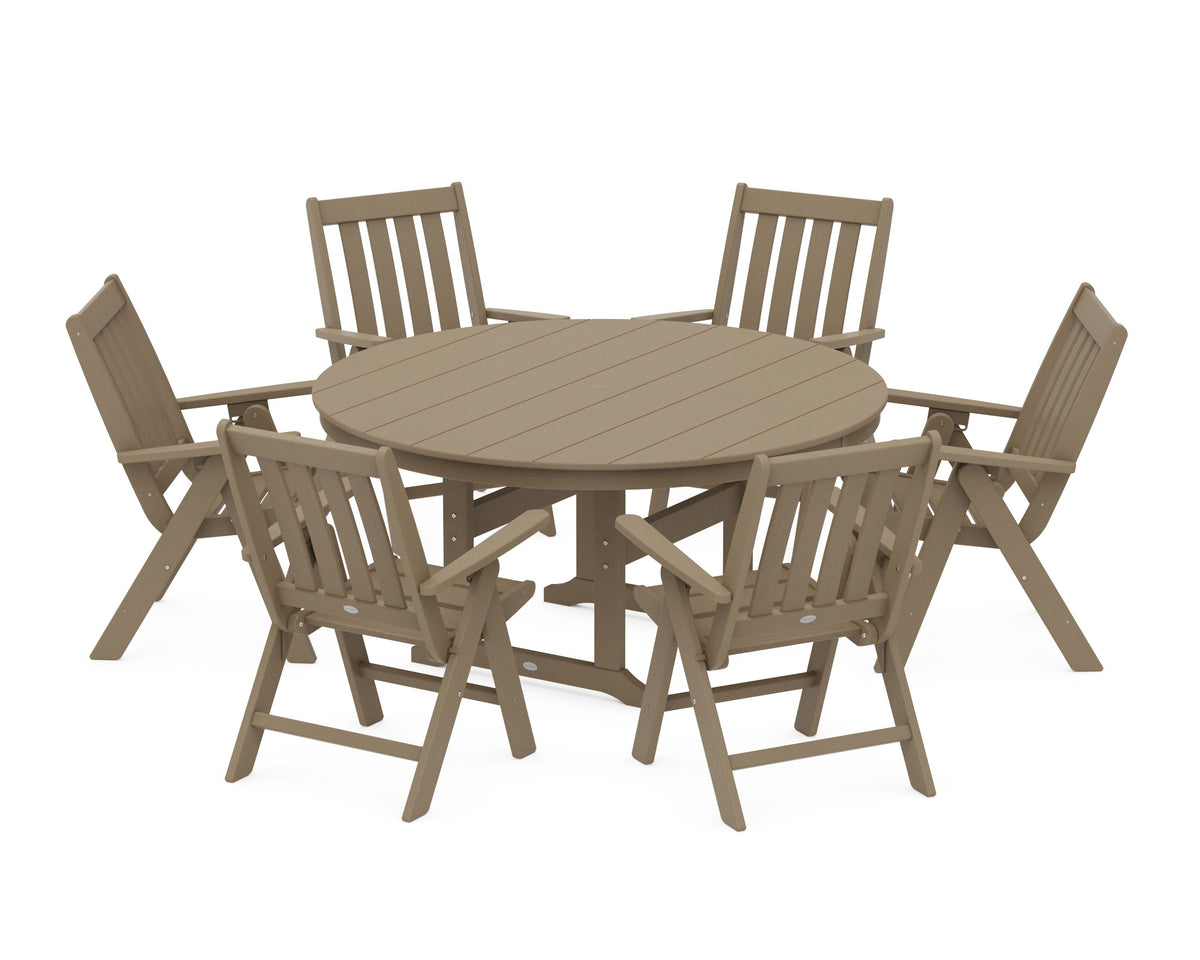 POLYWOOD Vineyard 7-Piece Folding Chair Round Farmhouse Dining Set in Vintage Sahara