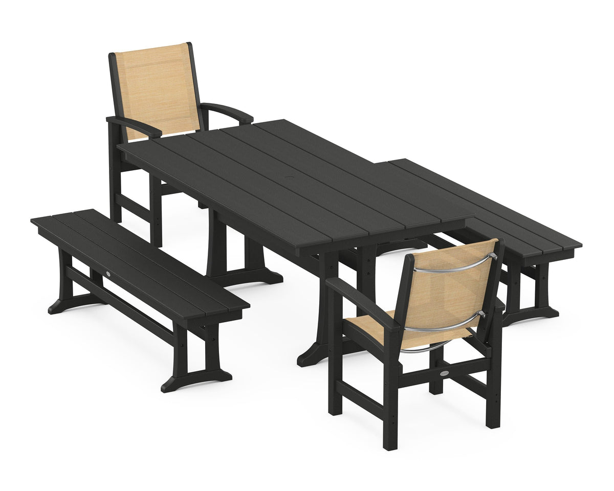 POLYWOOD Coastal 5-Piece Farmhouse Dining Set with Trestle Legs and Benches in Black / Dupioni Apricot