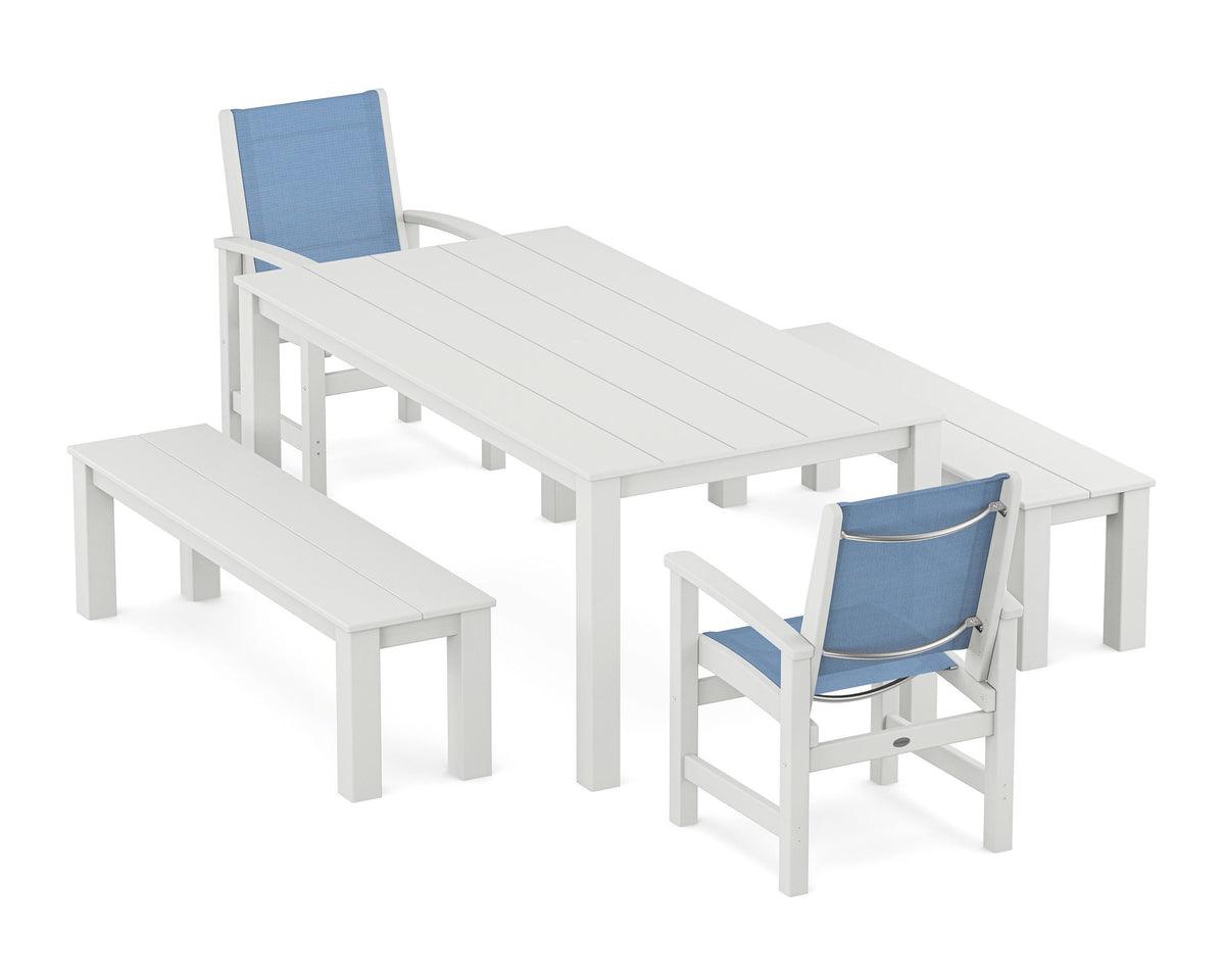 POLYWOOD Coastal 5-Piece Parsons Dining Set with Benches in White / Poolside
