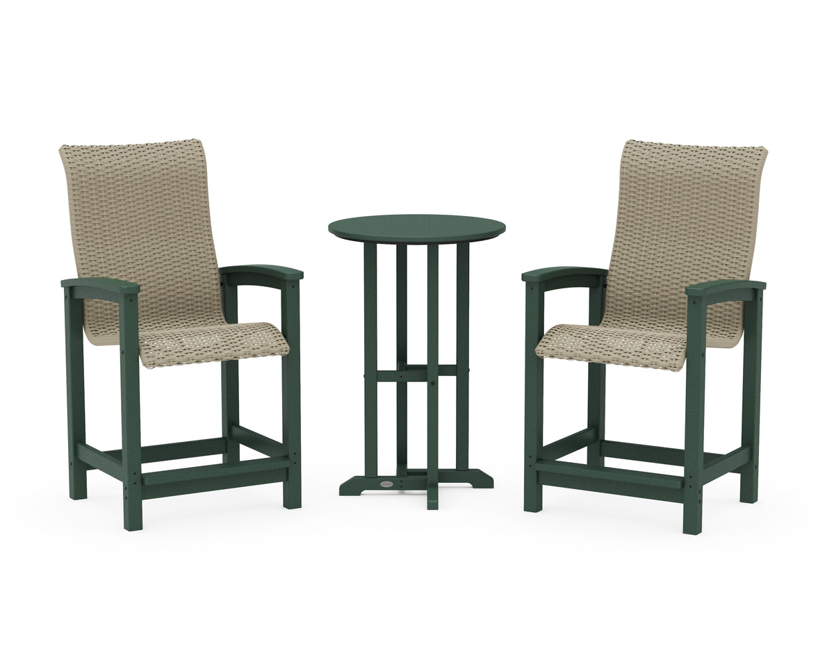 POLYWOOD Coastal Woven High-Back 3-Piece Farmhouse Counter Set in Green / Dune Grass