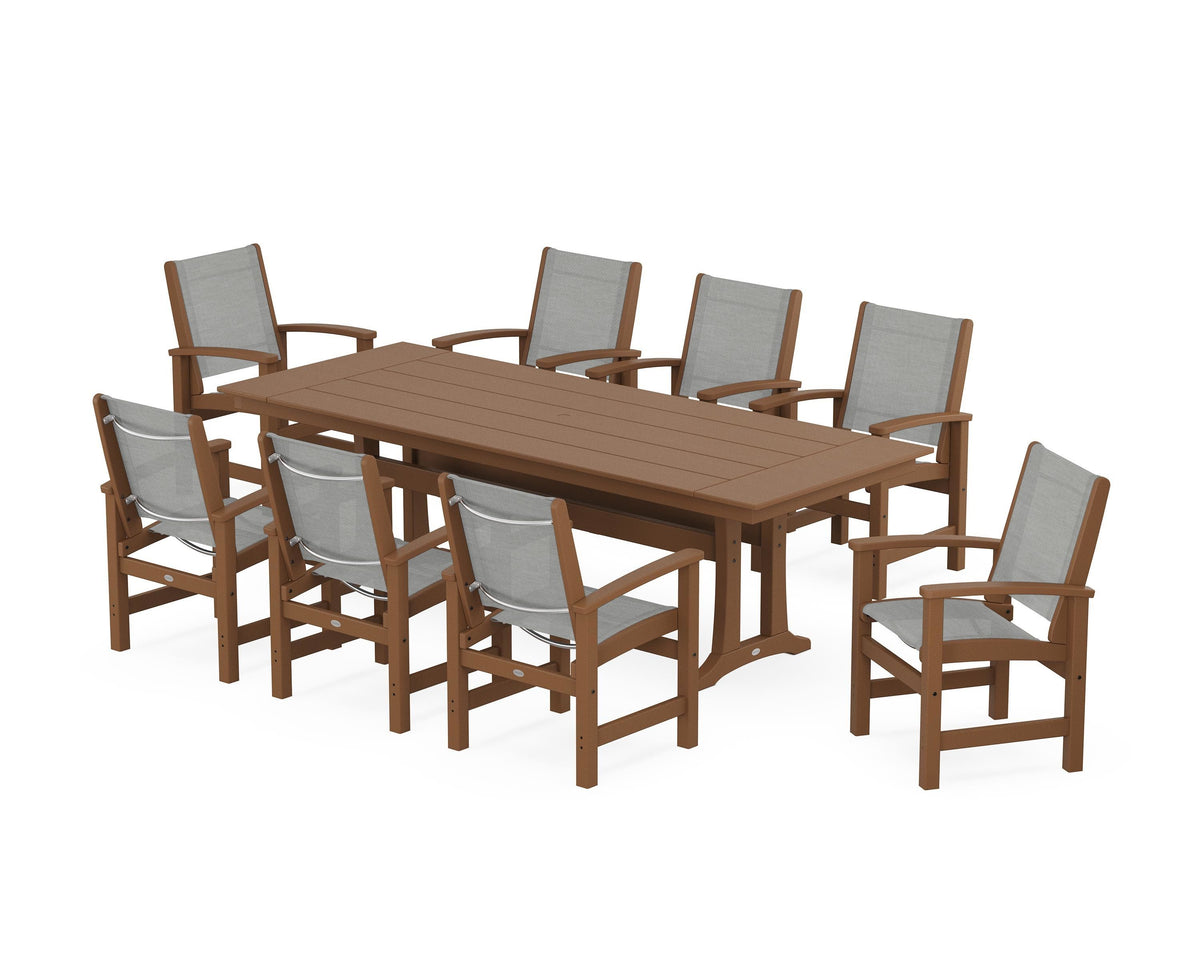 POLYWOOD Coastal 9-Piece Farmhouse Dining Set with Trestle Legs in Teak / Metallic